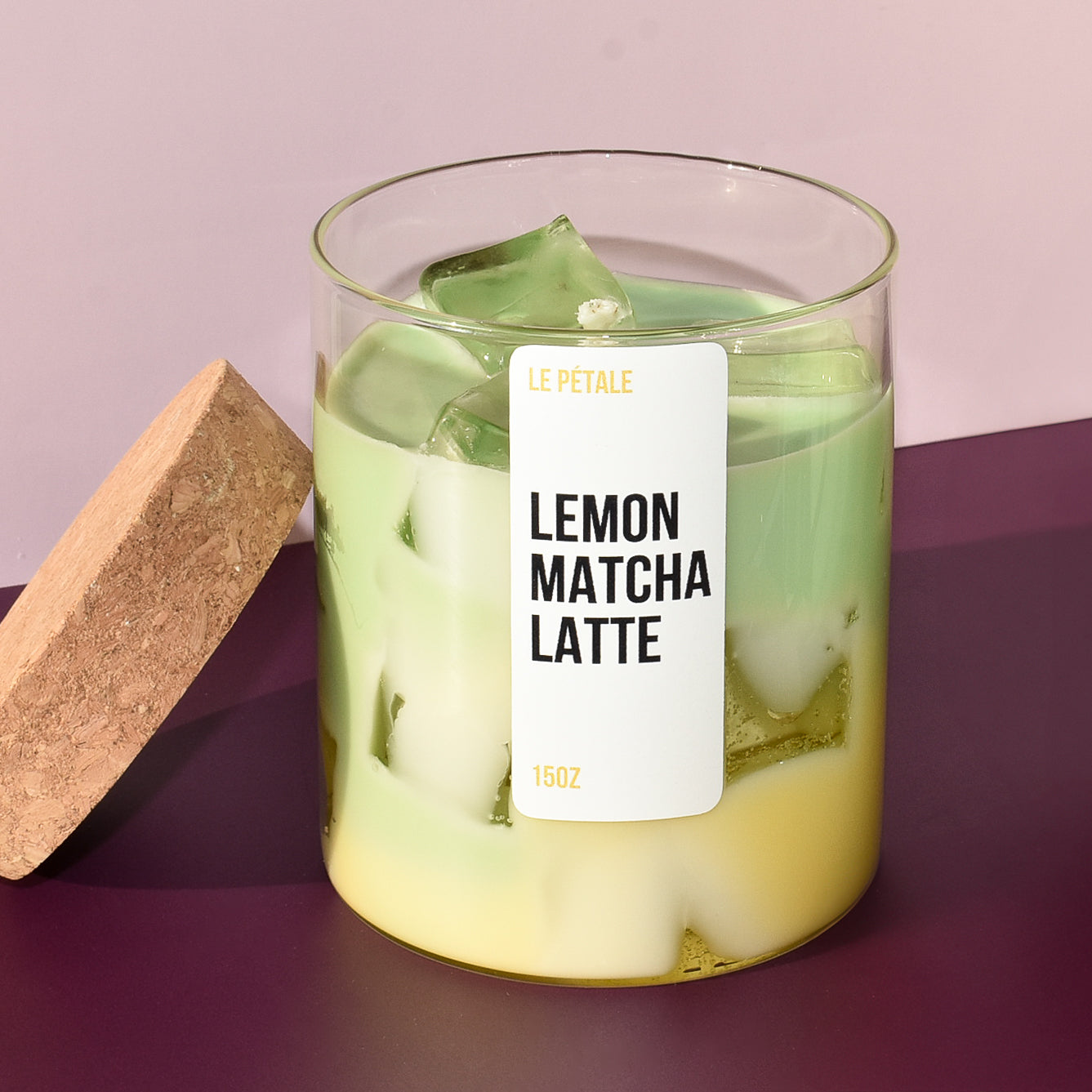 Lemon Matcha Latte Candle 15 oz | Iced Lemon Matcha Latte Scented Handmade Candle | Candle with Ice Cube Design | Gift for Her