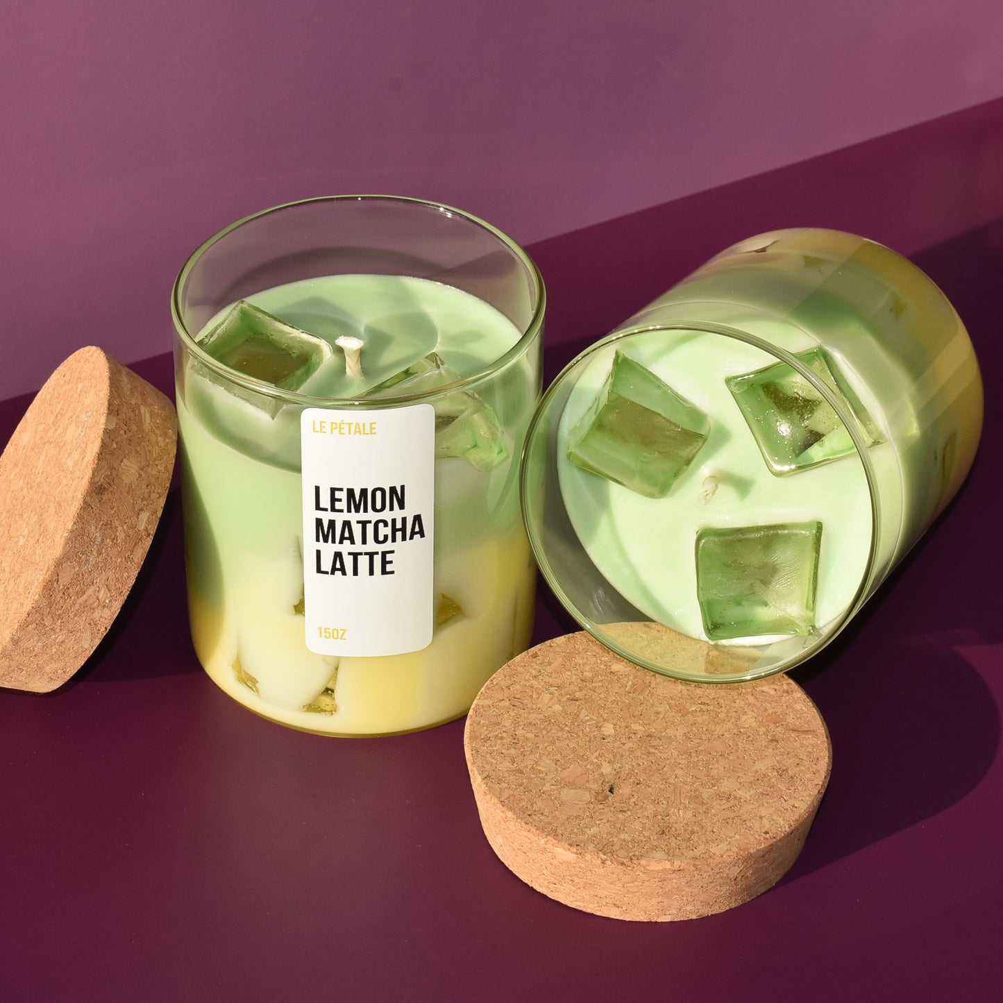 Lemon Matcha Latte Candle 15 oz | Iced Lemon Matcha Latte Scented Handmade Candle | Candle with Ice Cube Design | Gift for Her