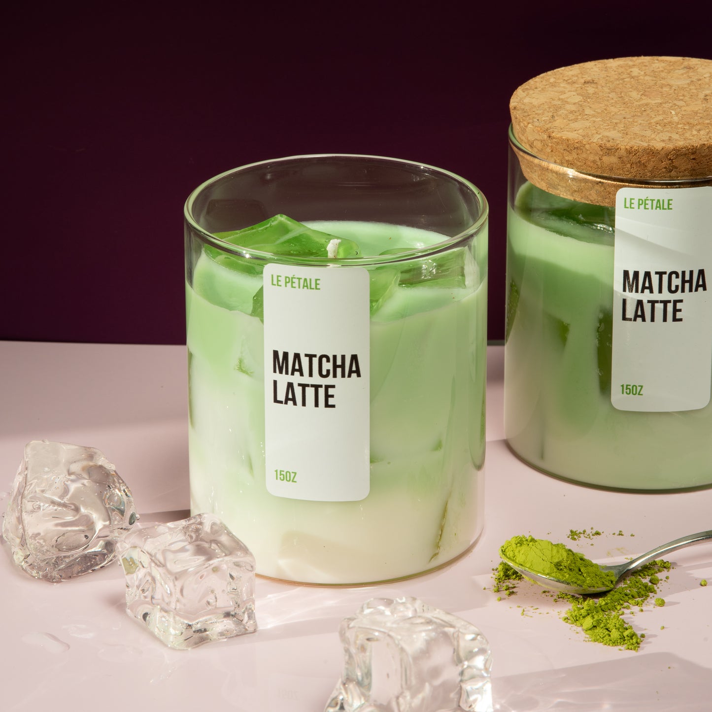 Matcha Latte Candle 15 oz | Iced Matcha Latte Scented Handmade Candle | Matcha Scented Candle with Ice Cube Design | Gift for Her