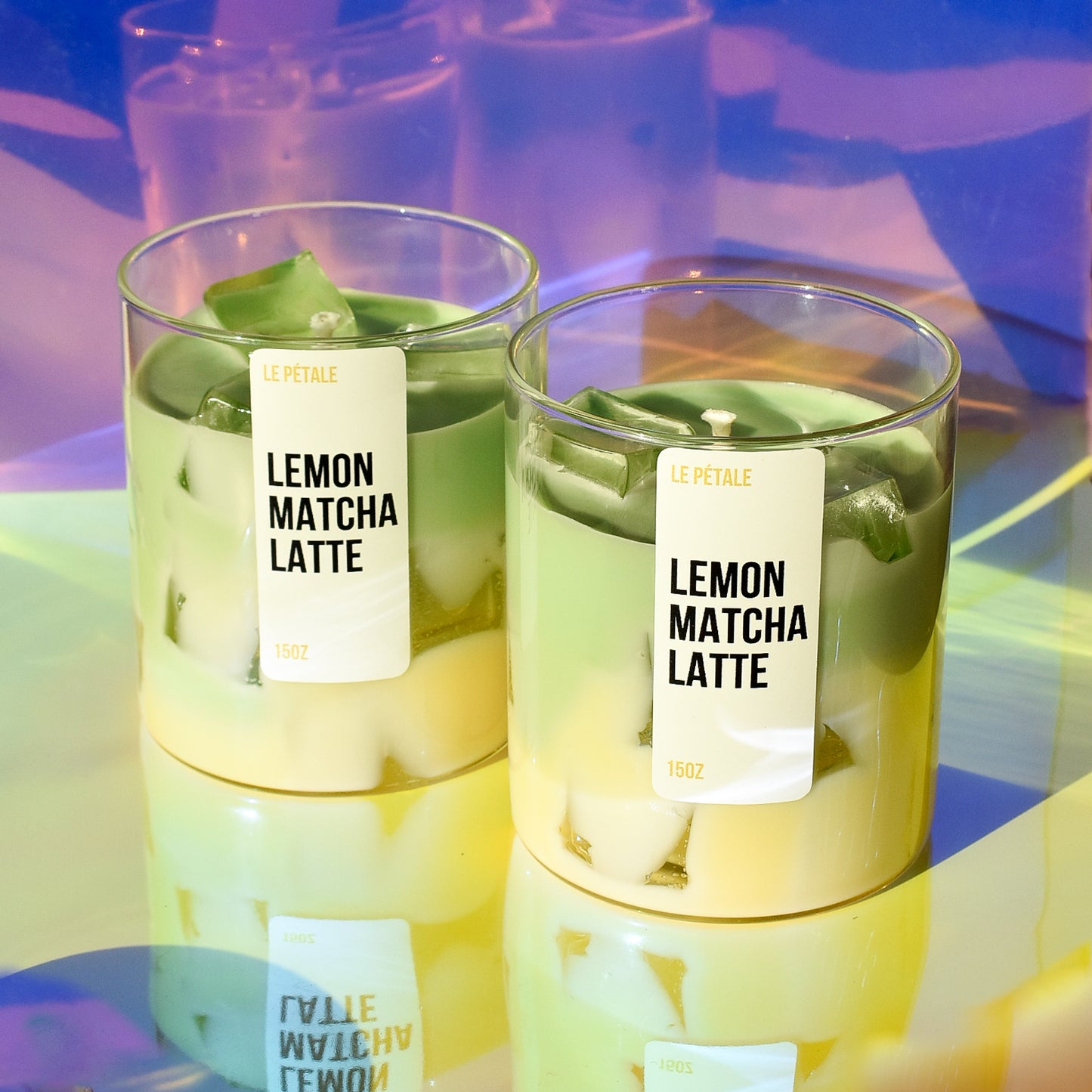 Lemon Matcha Latte Candle 15 oz | Iced Lemon Matcha Latte Scented Handmade Candle | Candle with Ice Cube Design | Gift for Her