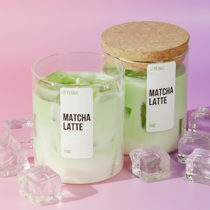 A 15 oz candle in a clear glass jar: creamy matcha-green soy wax base topped with translucent gel wax "ice cubes," mimicking a chilled matcha latte with a fresh, herbal glow.